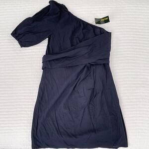 NWT For Cynthia Asymmetric One Shoulder Linen Wrap Mini Dress in Navy Size S